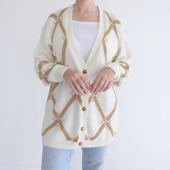 Vintage Joeclyn Smith Cream & Gold Button Up  Cardigan Knit Cardigan L - Picture 2 of 12